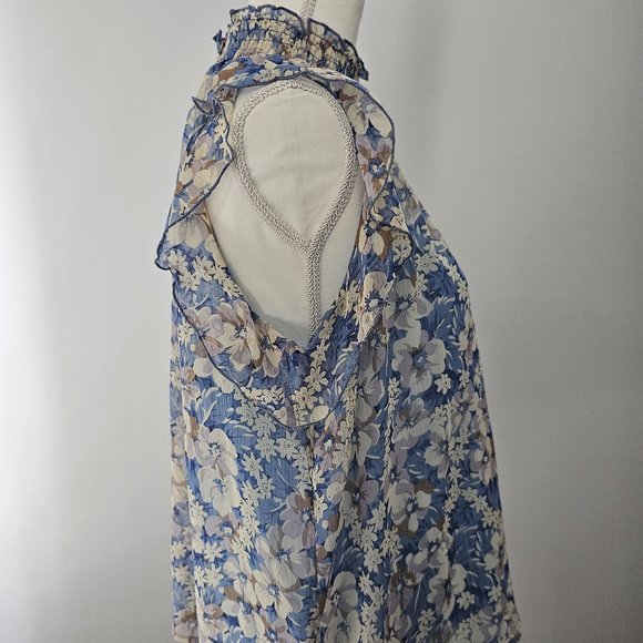 MELLODAY blue BLOUSE top FLORAL lined SMOCKED ruffles BLOUSE - Picture 10 of 12